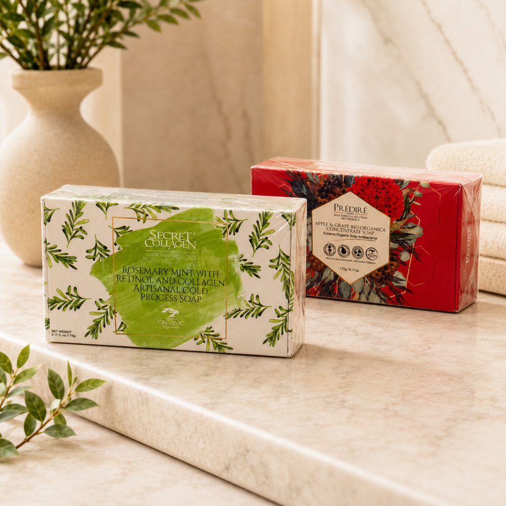 Predire Apple Grape Soap & Secret Collagen Rosemary Mint Retinol Soap Set New